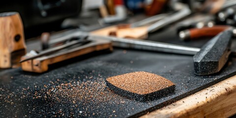 Closeup of abrasive material on workbench woodworking workshop detailed image industrial environment focused viewpoint