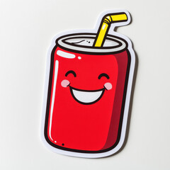 Cheerful cartoon red soda can with a smiling face and a yellow straw against a white background.