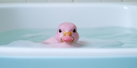 A baby duck is swimming in a bathtub. The duck is pink and has a pink beak