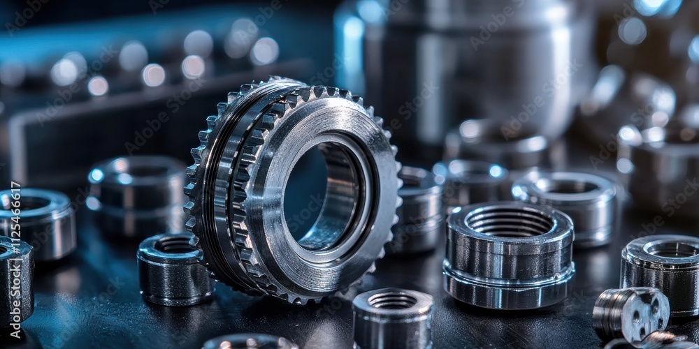 Poster precision mechanics closeup of stacked bearings on a workbench in a modern workshop environment