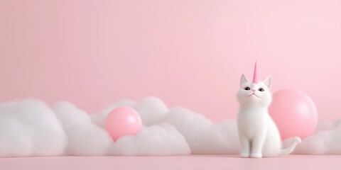 A white cat with a unicorn horn is sitting on a pink background. The cat is surrounded by pink and white clouds, and there are two pink balls in the background. The image has a whimsical