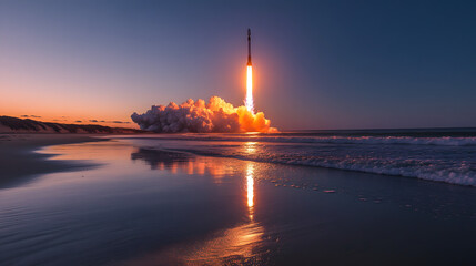 A powerful rocket lifting off from a coastal launch site its fiery plume reflected in the ocean waves.