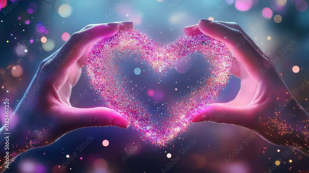 Poster different hands join together to form a sparkling heart shape, celebrating unity and diversity with 