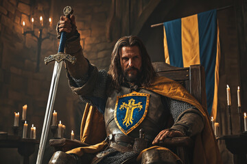 A medieval king sits on his throne in the middle of an old castle room.