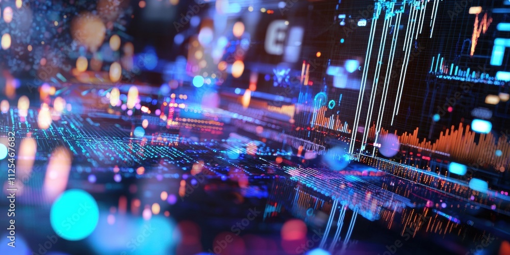 Poster dynamic digital visualization of investment portfolio data virtual environment high-tech aesthetic f