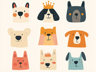 Playful  Cartoon Dog Faces: Featuring a Charming Design of a Canine in a King's Crown, Ideal for Stickers and Fun Designs!