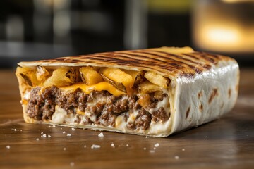 A classic french taco with minced beef, melted cheese and french fries