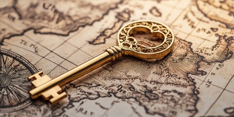 Naklejka premium Unlocking secrets vintage key on ancient map historical exploration adventure close-up discovery