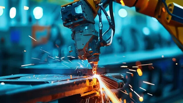 Robotic arm is welding metal parts with sparks flying in a production line at a modern factory. The high tech equipment is part of an automated manufacturing process