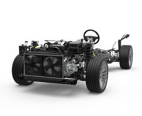 Vehicle drivetrain and powertrain on transparent background. Front wheel drive and powertrain....
