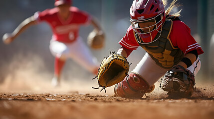 A softball catcher preparing to throw to second base as the batter runs.