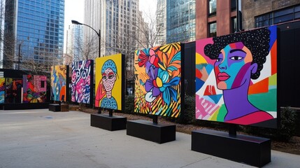 Naklejka premium Vibrant outdoor art installation featuring colorful portraits and floral designs.