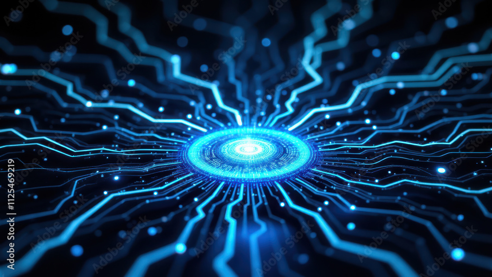 Poster futuristic digital interface with glowing blue circular center, embodying rag technology for retriev