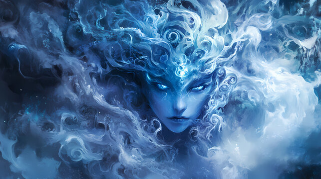 Blue cloudy smoke fills the image, creating a sense of enigma and mystery, enhancing its ethereal and enigmatic atmosphere with swirling patterns. Enigma. Illustration