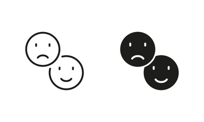 Negative and Positive Emoji Line and Silhouette Icon Set. Feedback Sign. Happy Smile and Sad Face Pictogram. Good and Unhappy Emoticon Symbol. Editable Stroke. Isolated Vector Illustration