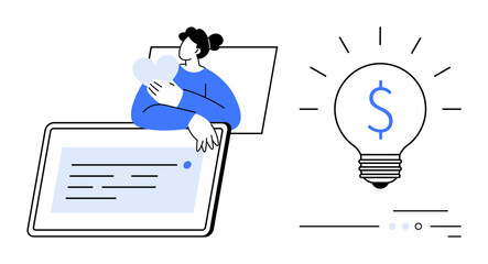 Person holding heart near a tablet, lightbulb with dollar sign on the right. Ideal for financial creativity, innovation, technology, love, online services, digital marketing, and conceptual ideas
