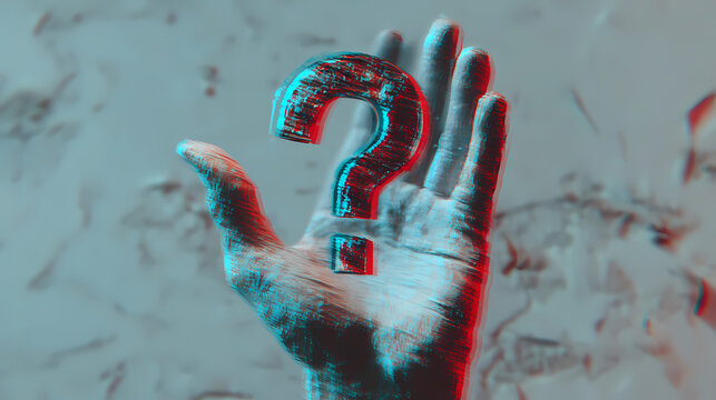 Conceptual image of a hand presenting a question mark, red and cyan anaglyph effect, symbolizing inquiry and curiosity. Enigma. Illustration