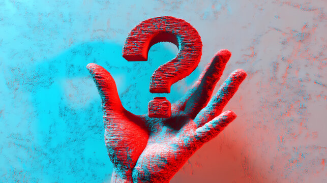 Conceptual image of a hand presenting a question mark, red and cyan anaglyph effect, symbolizing inquiry and curiosity. Enigma. Illustration