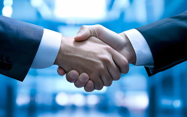 Partners celebrating a successful business deal with a firm handshake in a professional environment