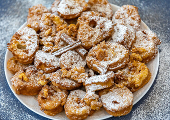Authentic sweet Christmas French toast served with sugar and cinnamon in a Christmas atmosphere