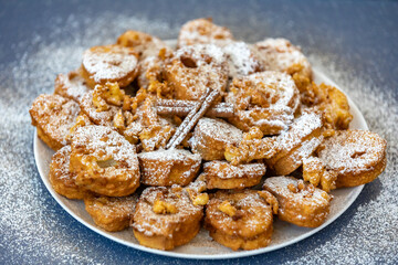 Authentic sweet Christmas French toast served with sugar and cinnamon in a Christmas atmosphere