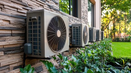 Modern home cooling solutions closeup of energy-efficient air conditioners in a serene environment