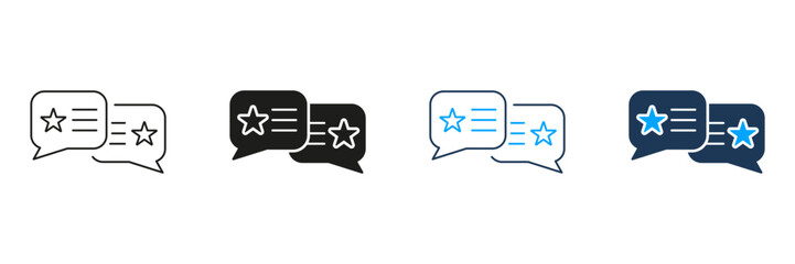 Customer Rating Line and Silhouette Icon Set. Dialog And Communication Pictogram. Feedback, Stars With Speech Bubble Symbol. Online Service Review Sign. Editable Stroke. Isolated Vector Illustration