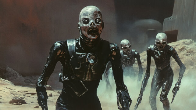 Science fiction, sci-fi, horror, illustration, enslave, slave, human, robot, cruelty, blood, killing, war, occupation