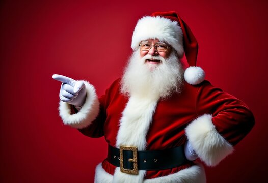 Happy Santa Claus pointing to the left side on a Red Background for Christmas Joy