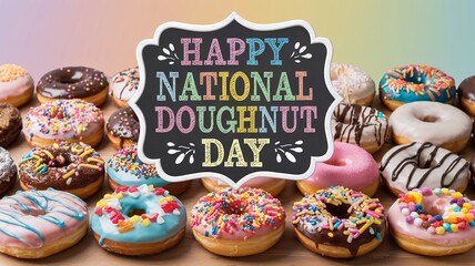 Colorful Donut Assortment Celebrating National Doughnut Day with Festive Sign