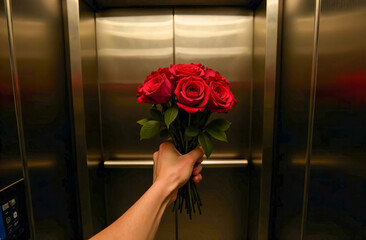 an office worker rides a bodice, holds a beautiful red bouquet of roses in his hands, he wants to surprise his colleague, who is waiting for the elevator on the next floor.