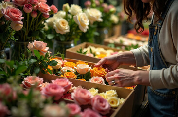 the hands of a female florist sort through flowers in boxes, in a flower warehouse