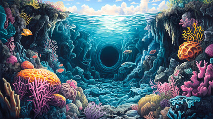 Obraz premium Exploring the enigma of a mysterious deep-sea trench secrets of the abyss and its unfathomable depths. enigma. illustration. Enigma. Illustration