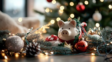 Saving money for christmas with a decorated piggy bank by a festive tree and lights in a cozy environment