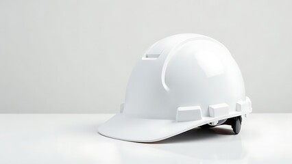 Fototapeta premium White construction helmet lies on a white table, white walls