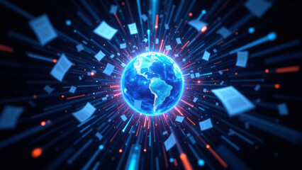 Futuristic digital globe with data streams and holographic elements representing global connectivity through advanced technology.