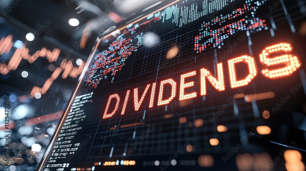Poster analyzing dividends on digital screen displaying u.s. stock market data in a tech-focused environmen