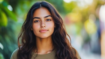 Obraz premium Close-up portrait of a young woman with wavy hair and a natural expression, surrounded by a soft, blurred background.