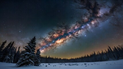 Fototapeta premium Milky Way Galaxy over Snowy Winter Forest at Night