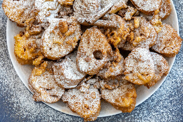 Authentic sweet Christmas French toast served with sugar and cinnamon in a Christmas atmosphere
