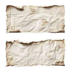 Obraz premium Two pieces of vintage crumpled paper with aged texture and creases on a transparent background