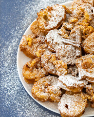 Authentic sweet Christmas French toast served with sugar and cinnamon in a Christmas atmosphere