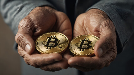 Elder person holding bitcoin in hands 
