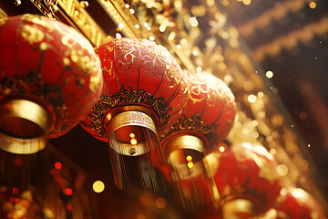 A festive Chinese New Year background featuring traditional red and gold colors, lanterns, fireworks, and intricate patterns, symbolizing prosperity and celebration


