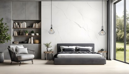 Industrial style bedroom with modern bed and hanging lights creating a contemporary hotel room or home interior