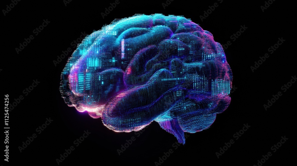 Poster this composition showcases a futuristic brain made of luminous blue and purple digital grids, surrou