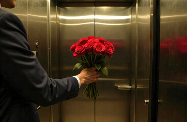 an office worker rides a bodice, holds a beautiful red bouquet of roses in his hands, he wants to surprise his colleague, who is waiting for the elevator on the next floor.