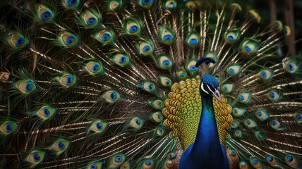 Obraz premium Majestic peacock with vibrant plumage displaying its magnificent tail.