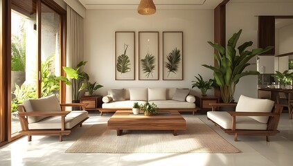 Modern Scandinavian living room with wooden coffee table, white sofa, and armchairs creating a minimalist interior design style