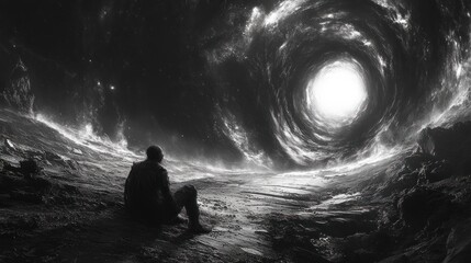 Fototapeta premium Solitary figure contemplates cosmic vortex.